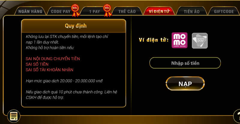 Nạp tiền Hitclub bằng ví điện tử MoMo